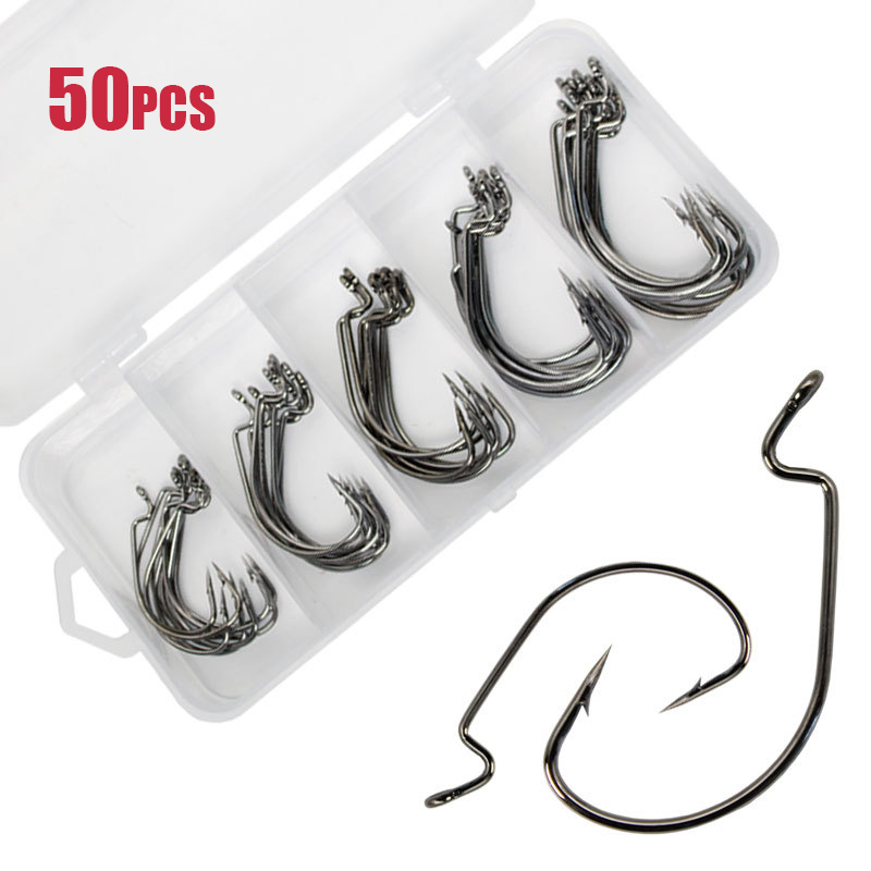 50pcs Wide Worm Hook Carbon St - Fishing Hook Offset recension och pris